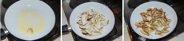 In una padella fate scaldare qualche cucchiaio di olio extravergine di oliva con lo spicchio di aglio schiacciato ed in camicia e quando quest’ultimo inizierà a dorarsi e a rilasciare il suo profumo, versate i funghi precedentemente tagliati in padella. Cuocete i porcini a fiamma media senza rimestarli ma saltandoli in modo che il fungo non si rompa. Appena vi accorgerete che i funghi saranno leggermente dorati, allora aggiungete un pizzico di sale e continuate a cuocere per qualche minuto.