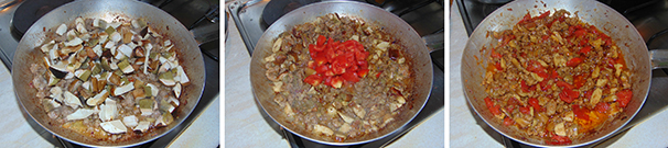 Unite i funghi porcini alla salsiccia saltandoli a fiamma vivace per qualche minuto, quindi aggiungete anche i pomodorini tagliati a pezzetti; a questo punto aggiustate di sale e cuocete per non più di due minuti, dopodiché togliete dal fuoco.