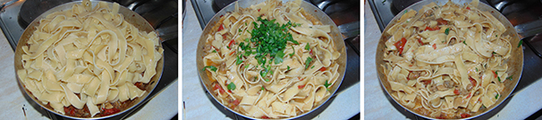 Cucinate adesso le pappardelle, come ogni pasta fresca all’uovo, andranno cotte in abbondante acqua salata e non appena saranno ben al dente, scolatele e versatele in padella con il sugo di funghi e salsiccia, aggiungete un mestolo di acqua di cottura e mescolate speditamente, poiché tenderanno ad attaccarsi; unite infine il prezzemolo tritato ed impattate.