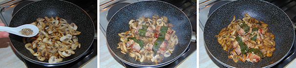 Non appena i funghi inizieranno a dorarsi, aromatizzateli con il cumino in polvere ed una spolverata di sale, lasciateli ancora a fiamma viva per qualche secondo e dopo abbassate; aggiungete gli involtini ai funghi, lasciateli per qualche minuto coperti a fiamma leggera, quindi togliete dal fuoco e servite.