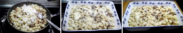 Trasferite gli gnocchi nella padella con i funghi. Aggiungete la mozzarella e mescolate per amalgamare gli ingredienti. Trasferite in una pirofila da forno e cospargete la superficie con parmigiano e un pizzico di pepe se vi piace. Infornate a 180 gradi per 15 minuti. Sfornate e servite.