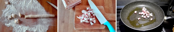 Dividete l’impasto in piccoli salsicciotti e ricavate degli gnocchetti di circa 5 centimetri. Tenete gli gnocchetti da parte. Nel frattempo tagliate a dadini il guanciale. Fate rosolare l’aglio e l’olio in un tegame dai bordi alti. Aggiungete il guanciale e fatelo imbiondire.