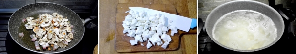 Aggiungete i funghi, salate e coprite. Cuocete per 20 minuti circa. Tagliate la mozzarella a dadini. Cuocete gli gnocchi in abbondante acqua salata, scolateli appena salgono a galla.