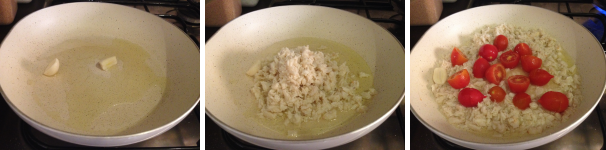 Per preparare la pasta con la polpa di granchio per prima cosa dovete cuocere il granchio. Mettete in una padella uno spicchio di aglio diviso a metà con dell’olio extravergine di oliva e fate soffriggere per 2 minuti. Poi aggiungete la polpa di granchio, un pizzico di sale e successivamente anche i pomodorini tagliati a metà. Fate cuocere il tutto per 10 minuti a fuoco moderato.