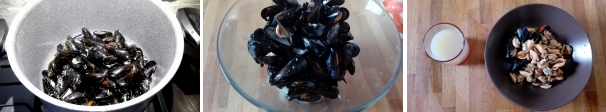 Nel frattempo sbollentate la cozze in una pentola per 5 minuti o il tempo necessario perchè si aprano le conchiglie. Lasciate raffreddare e sgusciate le cozze, lasciandone qualcuna nel guscio per la decorazione finale. Filtrate l’acqua di cottura e aggiungetela ai fagioli in cottura.