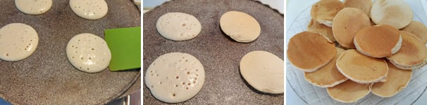 Una volta che i pancake formeranno delle bollicine in superficie vuol dire che è il momento di girarli usando una paletta. Cuocete quindi dall’altro lato per circa 2 minuti.