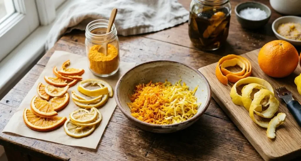 Bucce di arancia e limone grattugiate in una ciotola, scorze essiccate, polvere di agrumi in un vasetto e frutti freschi su un tavolo di legno.