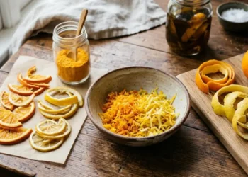 Come riciclare le scorze degli agrumi Bucce di arancia e limone grattugiate in una ciotola, scorze essiccate, polvere di agrumi in un vasetto e frutti freschi su un tavolo di legno.