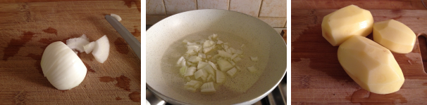 Poi tagliate la cipolla a fette e fatela soffriggere nell’olio extravergine di oliva per qualche minuto, intanto preparate le patate per la cottura, lavatele, sbucciatele e tagliatele a quadretti.