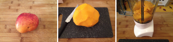 Per preparare lo smoothie arancia mango e zenzero, dovete per prima cosa prendere un bel mango maturo, sbucciatelo, tagliatelo a pezzi e mettetelo nel frullatore.