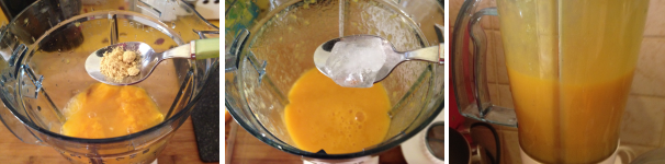 Mettete anche il succo di arance nel frullatore, aggiungete lo zenzero ed il ghiaccio, poi frullate tutto per 1 minuto.