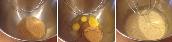 Mettete nel cestello della planetaria lo zucchero di canna e le uova, poi montate bene fino ad ottenere un composto soffice e spumoso.