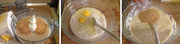 Rimettete gli amaretti tritati nel frullatore e frullate ancora un pochino per fare amalgamare tutto bene. Poi travasate il composto in una terrina ed aggiungete le uova e lo zucchero.