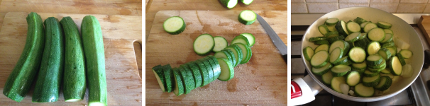 Prendete le zucchine, togliete le estremità e fatele a fettine non troppo fini, poi mettetele in padella con le cipolle, aggiungete il sale e fate cuocere il tutto per 15 minuti a fiamma media.