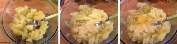 Una volta che le le patate sono cotte, scolatele bene dall’acqua e schiacciatele con l’aiuto di una forchetta. Poi lasciatele intiepidire e successivamente aggiungete il sale e l’uovo.
 