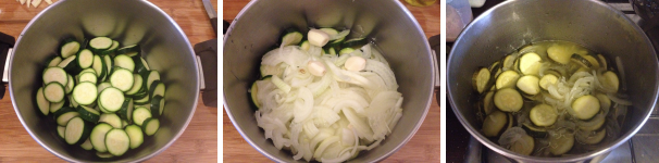 Prendete una pentola, metteteci le zucchine, le cipolle tagliate e gli spicchi di aglio privati della buccia. Poi aggiungete l’aceto bianco, l’olio di oliva ed il sale, tutto a freddo. Mettete la pentola sul fornello e fate cuocere 5 minuti dal momento che iniziano a bollire. Una volta cotte, lasciatele riposare qualche minuto.