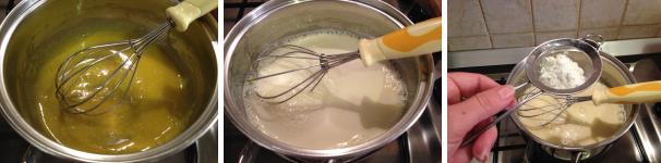 Per preparare la zuppa inglese, bisogna iniziare con le creme. Mettete in un pentolino i tuorli con 100 grammi di zucchero e mescolatele con la frusta. Poi a filo aggiungete il latte, sempre tenendo mescolato, e la maizena setacciata. Aggiungete in ultimo la vanillina e fate cuocere 5 minuti fino a che il composto non si sarà raddensato.