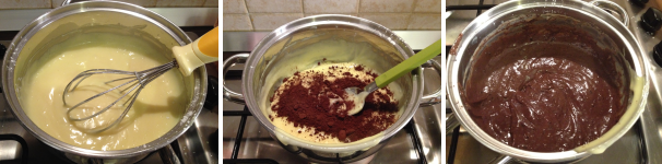 Una volta cotta, dividete la crema in due parti.  In una parte aggiungete il cacao e mescolate bene per farlo amalgamare.