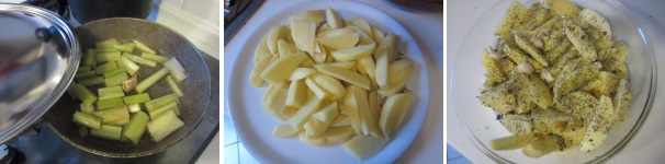 Versate un pò di olio nella padella. Schiacciate due spicchi d’aglio e soffriggete per qualche minuto. Aggiungete i cardi, coprite con un coperchio e cuocete per circa 15 minuti. Sbucciate le patate e tagliatele a spicchi. Mettetele in una terrina di vetro e cospargetele con sale ed origano.