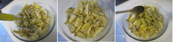 Condite le patate con l’olio e poi con le mani massaggiate per distribuire bene il condimento. Aggiungete i cardi precotti e rimescolate bene tutto. Mettete la pirofila in forno a 180 gradi per circa 30 minuti, mescolando ogni tanto ed aggiungendo se necessario qualche cucchiaino di olio oppure acqua.