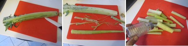 Pulite i cardi. Tagliate la base del gambo e le foglie. Usando un coltellino eliminate i filamenti. Tagliate i gambi a pezzi più piccoli e salateli a piacere.