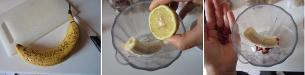 Scegliete una banana matura e tagliatela a metà. Sbucciatela e mettete in un frullatore. Spremete un po’ di succo di limone. Aggiungete le bacche di goji, lasciandone qualcuna per la decorazione, se volete.