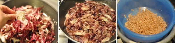 Per insaporire la nostra verdura non utilizzeremo sale o pepe ma del brodo granulare. Unitelo al radicchio, mescolate e lasciate cuocere per 5 minuti o comunque fino a che il brodo si sarà leggermente ristretto. Scolate l’orzo e lasciatelo intiepidire appena.