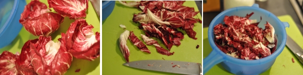 Intanto che il farro cuoce, pulite il radicchio privandolo delle foglie esterne, staccando le altre una a una e tagliandole a listarelle. Lavatele e asciugatele.