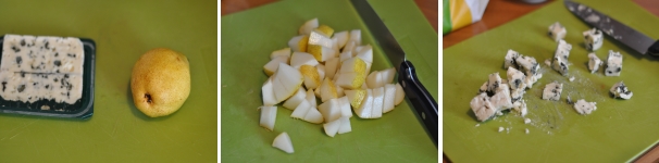 Intanto che l’orzo si raffredda preparate gli altri ingredienti. Lavate una pera sotto acqua corrente, privatela del torsolo e dei semi poi tagliatela a pezzetti senza eliminare la buccia. Tagliate a cubetti anche il Roquefort, eliminando il bordo del formaggio