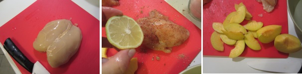 Prendete il petto di pollo, pulitelo bene, togliendo il grasso e le cartilagini. Tagliatelo a metà. Cospargete con il sale e la paprika, massaggiandolo accuratamente da entrambi i lati. Spruzzate con il succo di limone. Lasciate da parte. Lavate le pesche, togliete il nocciolo e tagliatele a fettine abbastanza fini.