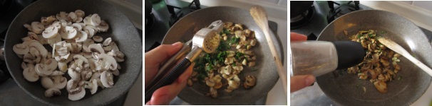 Pulite i funghi e poi tagliateli a fettine. Versate un po’ di olio nella padella e saltate i funghi fin quando non diventeranno dorati. Salate. Sbucciate l’aglio e spremete uno spicchio sopra i funghi. Tritate finemente il prezzemolo, aggiungete al resto e mescolate bene. Cospargete con il pepe.