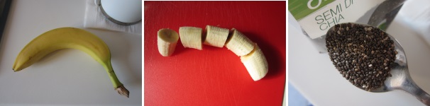 Sbucciate la banana, tagliate via le estremità e poi tagliatela a pezzi più piccoli. Dosate i semi di chia bio, non macinati.