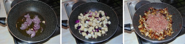 Preparate il condimento della pasta servendovi di una padella profonda, quindi ricoprite il fondo della stessa con dell’olio extravergine di oliva e fatelo leggermente scaldate, successivamente aggiungete la cipolla pulita e tagliata sottile, quindi lasciatela rosolare a fuoco lento. Appena la cipolla si sarà rosolata, aggiungete le melanzane tagliate a cubetti e spolverate con un pizzico di sale, coprite e lasciate che si cuociano. Alla completa cottura delle melanzane, versate in padella il macinato di maiale e alzate la fiamma.