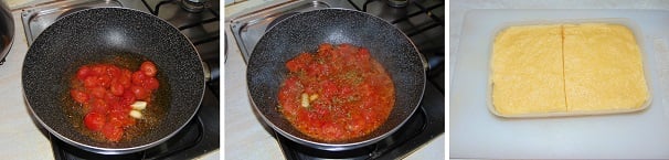 In una padella a bordi alti, versate l’olio extravergine di oliva e lo spicchio di aglio schiacciato e privato della buccia, mettete sul fuoco e a fiamma bassa lasciate che l’olio si scaldi assorbendo gli odori dell’aglio e fatelo dorare. Versate i pomodorini pachino pelati ed alzate la fiamma, mettete un pizzico di sale e con una forchetta schiacciateli in modo che fuoriesca tutto il sugo ed infine aromatizzate con una spolverata di origano. Abbassate la fiamma e lasciate cuocere qualche minuto. Intanto che il sugo cuoce, prendete la polenta fredda ed adagiatela su di un tagliere.