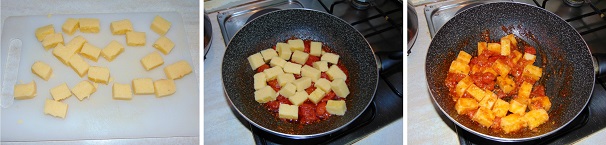 Tagliate la polenta a cubotti di un paio di centimetri ed unitela al sugo ancora sul fuoco, amalgamate bene senza rompere i pezzi di polenta e togliete da fuoco.