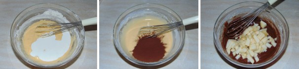 Aggiungete lentamente all’impasto anche la panna liquida e continuando a mescolare incorporate il cacao amaro ed infine le pere che in precedenza avrete pulito e tagliato a piccoli cubetti. Una volta aggiunta la frutta, mescolate il tutto non più con la frusta ma con una spatola per dolci.