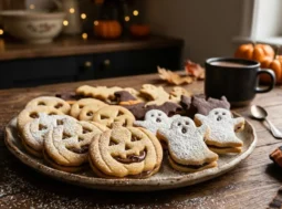 Piatto di biscotti di Halloween in pasta frolla a forma di zucca e fantasma, spolverati di zucchero a velo e farciti con crema alle nocciole su un tavolo di legno.