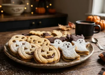 Piatto di biscotti di Halloween in pasta frolla a forma di zucca e fantasma, spolverati di zucchero a velo e farciti con crema alle nocciole su un tavolo di legno.