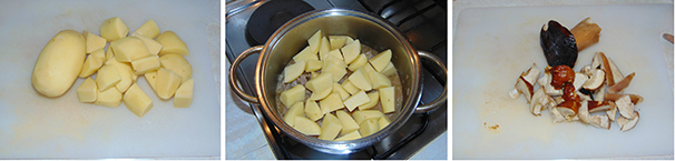 Trascorsi i trenta minuti, sbucciate le patate, lavatele e tagliatele a pezzettoni. Aggiungetele alla carne e fate lo stesso anche con i funghi porcini.