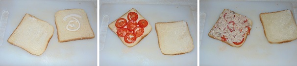 Posizionate le fette di pane in cassetta su di un tagliere e spalmatele con metà della maionese avanzata ed incominciate a farcirne una partendo dalle fette di pomodoro, dopo di che stendete uno strato di composto al tonno, utilizzandone solo una metà.