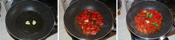 Dopo avere preparato gli gnocchi, in una padella grande versate l’olio extravergine di oliva e gli spicchi di aglio schiacciati e fate scaldare a fiamma bassata. Aggiungete al soffritto i pomodori lavati e tagliati in quattro, aromatizzate con il basilico, salate e lasciate cuocere giusto qualche minuto in modo che si scaldino bene.