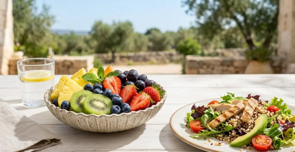 Composizione di frutta fresca con kiwi, ananas e fragole accanto a un piatto unico bilanciato su un tavolo all'aperto, concetto di nutrizione sana 2026.