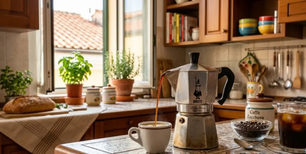 Moka classica che versa caffè in una tazzina su un tavolo di ceramica decorata, con chicchi di caffè e bicchiere di caffè ghiacciato sullo sfondo - Concetto di riciclo caffè avanzato.