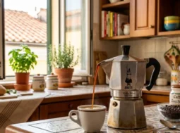 Moka classica che versa caffè in una tazzina su un tavolo di ceramica decorata, con chicchi di caffè e bicchiere di caffè ghiacciato sullo sfondo - Concetto di riciclo caffè avanzato.