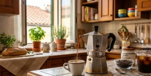 Moka classica che versa caffè in una tazzina su un tavolo di ceramica decorata, con chicchi di caffè e bicchiere di caffè ghiacciato sullo sfondo - Concetto di riciclo caffè avanzato.
