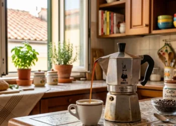 Moka classica che versa caffè in una tazzina su un tavolo di ceramica decorata, con chicchi di caffè e bicchiere di caffè ghiacciato sullo sfondo - Concetto di riciclo caffè avanzato.