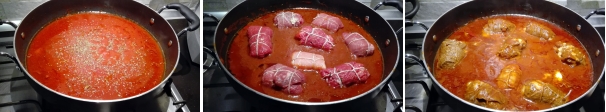 Aggiungete l’origano al sugo, mescolate e poi unite gli involtini di carne. Coprite e cuocete per altri 15-20 minuti, rigirando gli involtini a metà cottura. Gli involtini di carne sono cotti. Spegnete la fiamma e servite ancora caldi.