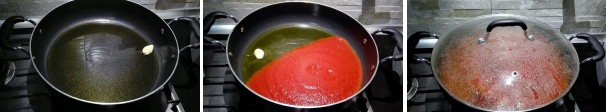 Per preparare gli involtini di carne alla pizzaiola, iniziate dalla preparazione del sugo. Fate rosolare uno spicchio di aglio e l’olio in un tegame dai bordi alti e quando l’aglio comincia a dorare aggiungete la passata di pomodoro, coprite e cuocete a fuoco lento per 25 minuti.