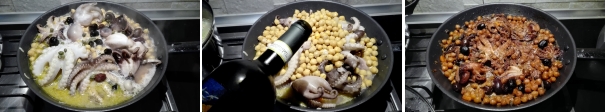 Mescolate, aggiungete le olive e i capperi e sfumate con il vino bianco. Fate evaporare l’alcool, quindi coprite con un coperchio e fate cuocere per 40 minuti. Aggiustate di sale se necessario.