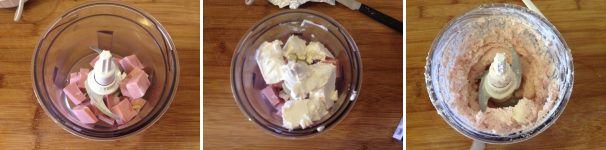 Per preparare la mousse prendete la mortadella tagliatela a cubetti e mettetela nel frullatore, aggiungete il formaggio spalmabile e tritate tutto per qualche minuto fino ad ottenere un impasto cremoso ed omogeneo.